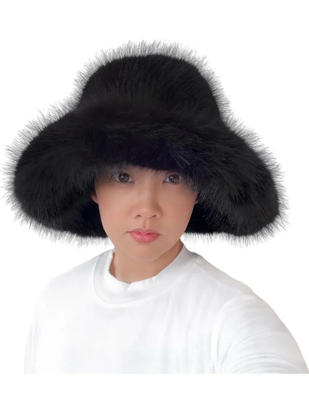 Oversized Winter Faux Fur Bucket Hat for Women - Long Pile, Wide Brim, Cozy